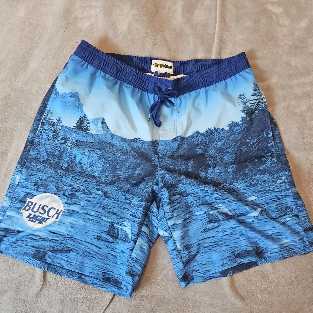 Tipsy Elves Busch Light Men's Swim Shorts L Beer Trees Mountains Vacation Resort